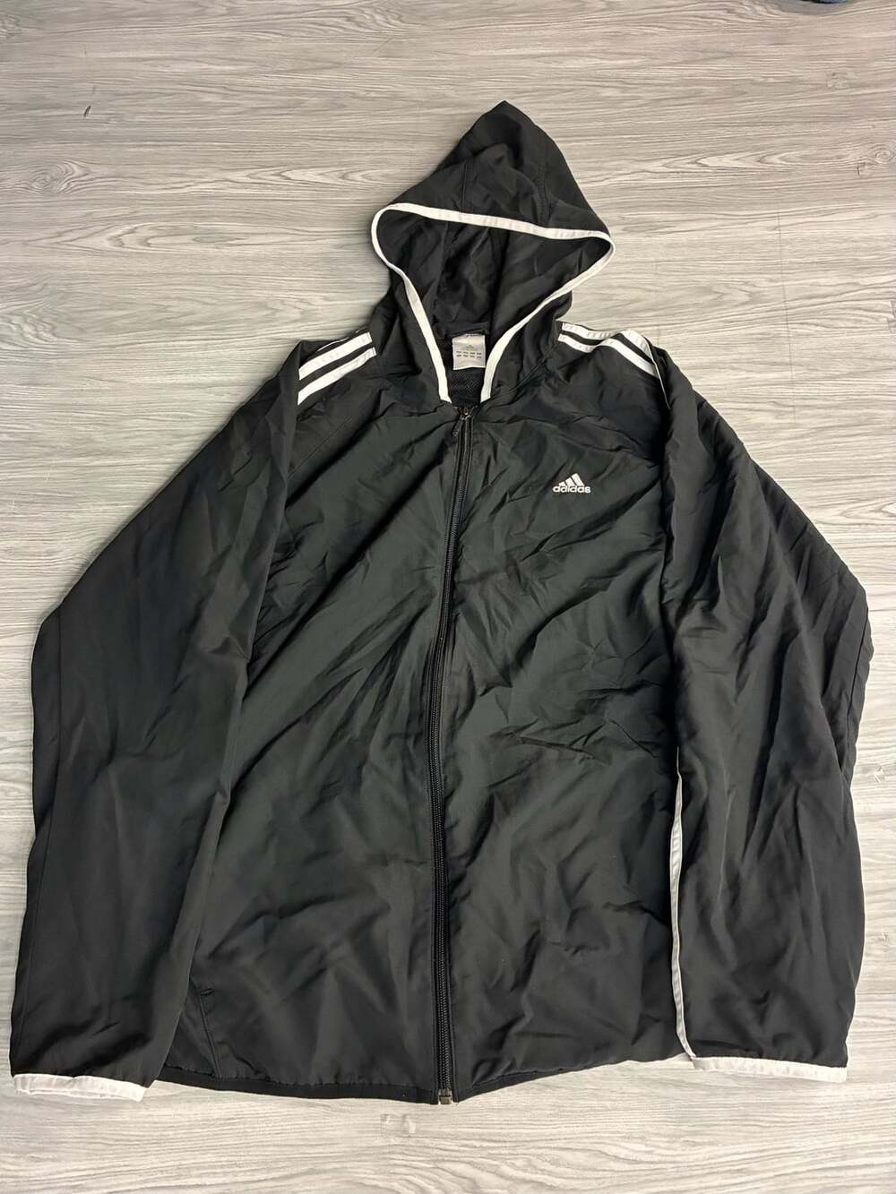 Adidas Full Zip Hooded Windbreaker Jacket Size 2XL Black 3-Stripes